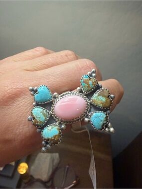 Sterling Silver Multi Stone Turquoise & Pink Conch Cluster Ring – Size 5-9